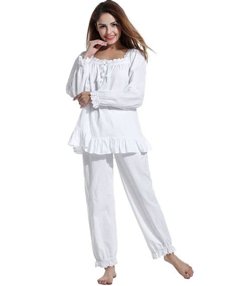 Womens Cotton Pjs Victorian Vintage White Long Sleeve Pajama Set