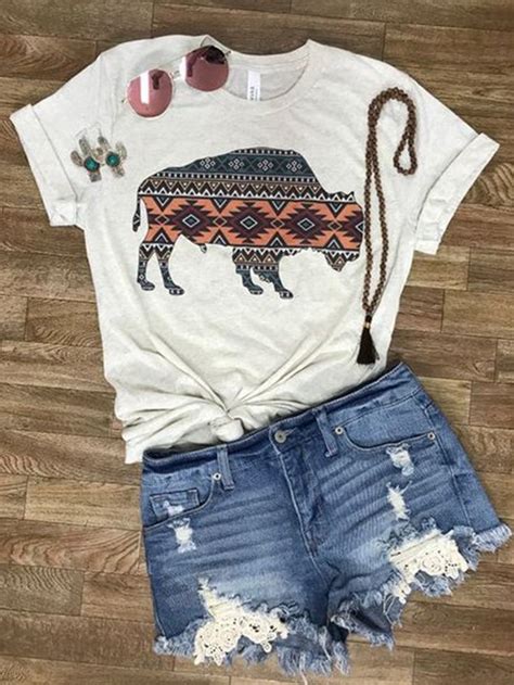 White Jersey Printed Crew Neck Casual Shirts And Tops In 2021 Country Girls Outfits Western