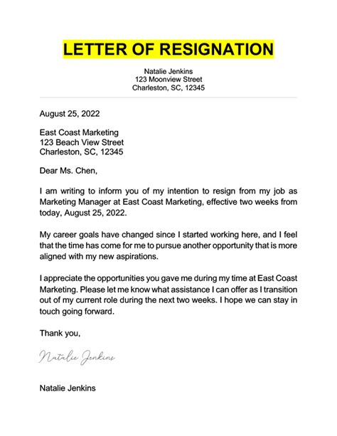 Resignation Letter Example Resignation Letter Job Resignation Letter