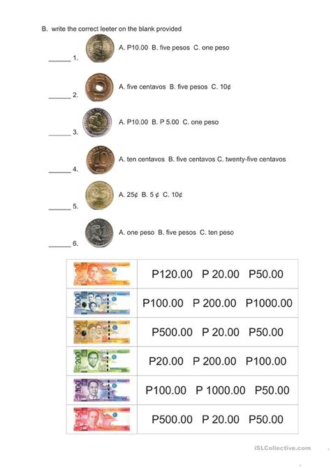 Let your child dump all the change out of your wallet and then count it up! Philippine money worksheet - Free ESL printable worksheets ...