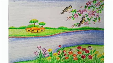 How To Draw A Scenery Of Spring Season Step By Step Very Easy