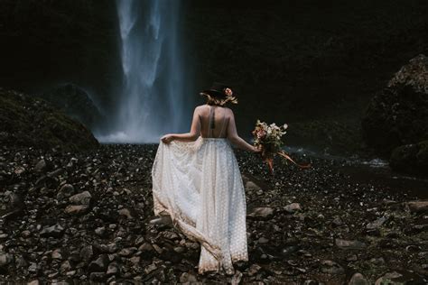 Latourell Falls Oregon Waterfall Elopement Bride With Hat Freckled