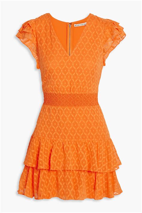 Alice And Olivia Markita Smocked Fil Coupé Silk And Cotton Blend Mini Dress In Orange Modesens