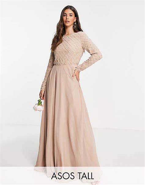 Asos Design Tall Bridesmaid Maxi Dress With Long Sleeve In Pearl And
