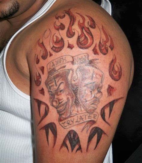 Laugh now cry later clown masks tattoo design more laugh now cry. laugh now cry later tattoo by Sabreclah on DeviantArt