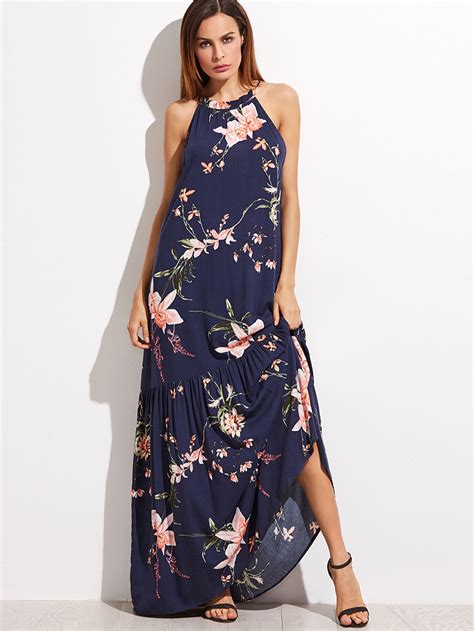 Shop Navy Floral Print Halter Ruffle Maxi Dress Online Shein Offers