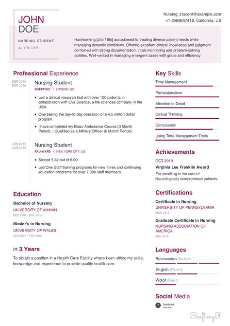 Nursing Student Resume Example With Content Sample Craftmycv