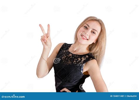 Smiling Young Woman Showing Peace Hand Sign Stock Image Image Of Cheerful Isolated 104011481
