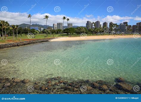 Ala Moana Beach Park And Magic Island With Kakaako Skyline Of Honolulu