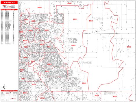 Aurora Colorado Zip Code Wall Map Red Line Style By Marketmaps