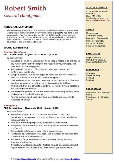Looking for self employed resume samples? Handyman Resume Samples | QwikResume