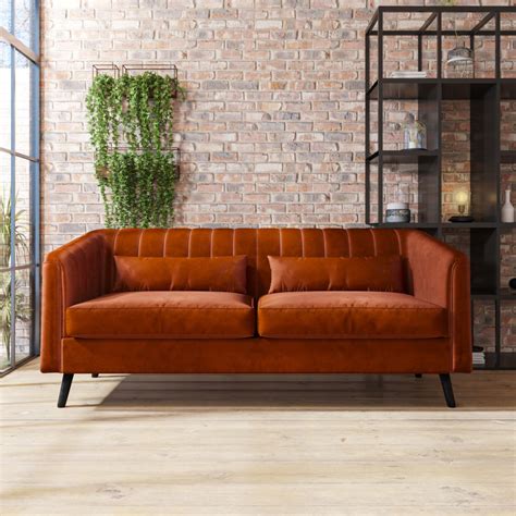 Orange Velvet 3 Seater Sofa With Cushions Mid Century Style Lotti