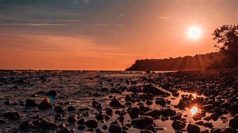 Sea Sunset Stones Shore Light Picture Photo Desktop Wallpaper
