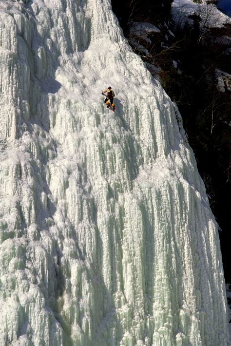 Ice Climbing On Frozen Montmorency Waterfall In Quebec Canada