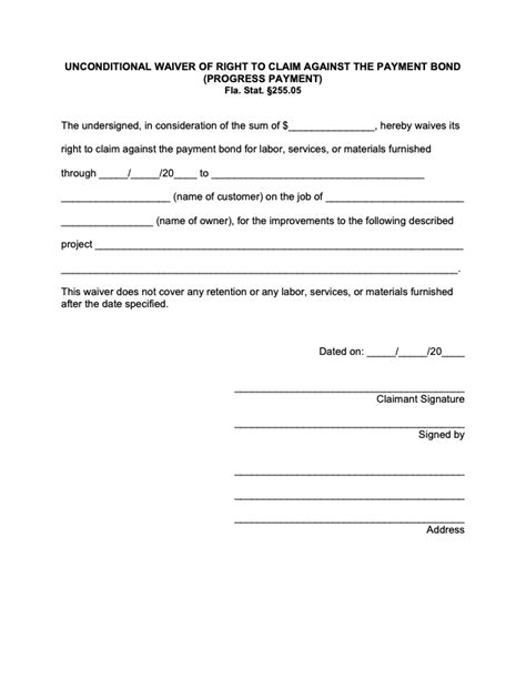 Florida Partial Unconditional Bond Waiver Form Free Template Download
