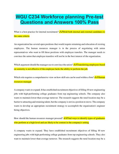 Wgu C234 Workforce Planning Pre Test Questions And Answers 100 Pass
