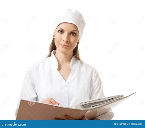 Young Woman Doctor With Folder Isolated On White Stock Photo Image
