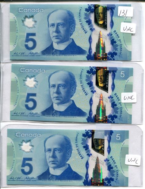 3 Canadian 5 Dollar Bill Sequential Unc