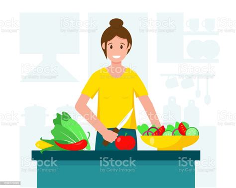 Ilustración De Ensalada De Cocina Ama De Casa En La Cocina Diseño De