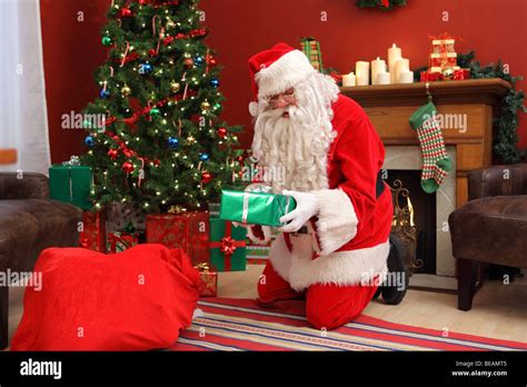 Santa Claus Putting Gifts Under Christmas Tree Stock Photo Alamy