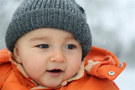 Happy Baby With Snow In Winter Stock Photo Image Of Kids Outside