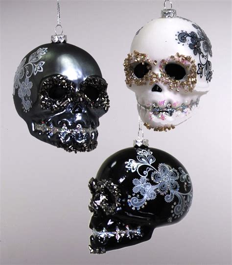 Glass Skull Ornament Black White 3 Assorted Skull Decor Skull