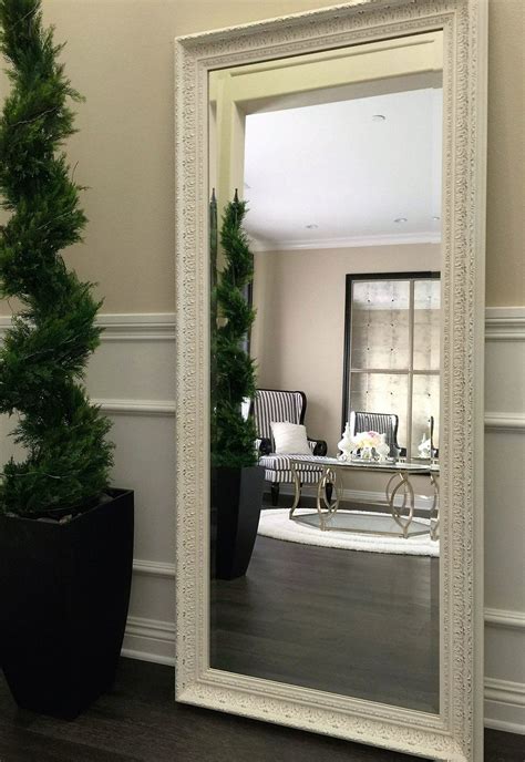 Elegance Ornate Embossed Antique White Wood Framed Floor Mirror 31 X 67