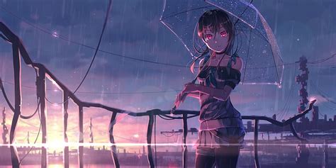 Gothic Anime Girl Loli Umbrella Raining Street Cat