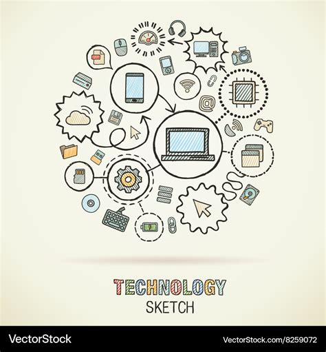 Technology Hand Drawing Integrated Sketch Icons Vector Image