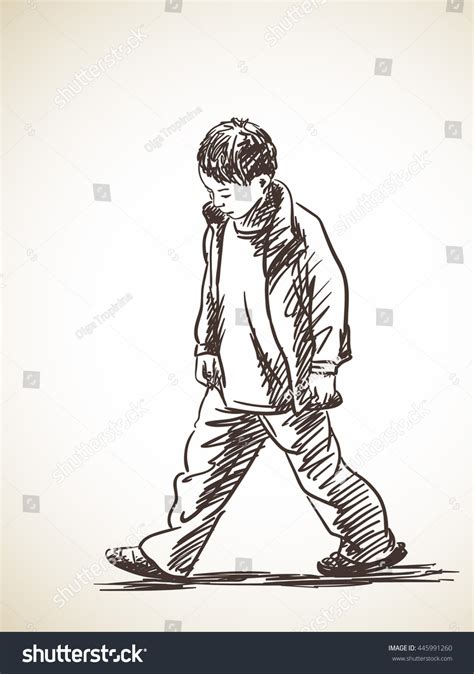 Sketch Sad Boy Walking Hand Drawn Stock Vector 445991260