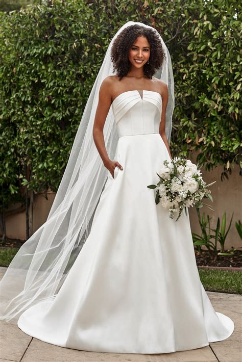 T232052 Timeless A Line Strapless Mikado Gown With Bold Straight Across Neckline And Pleated