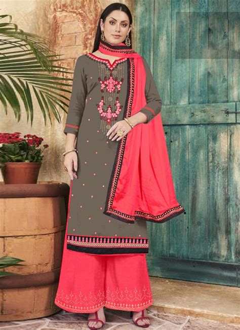 Buy Grey And Rose Pink Cotton Silk Palazzo Style Pakistani Salwar Kameez Online