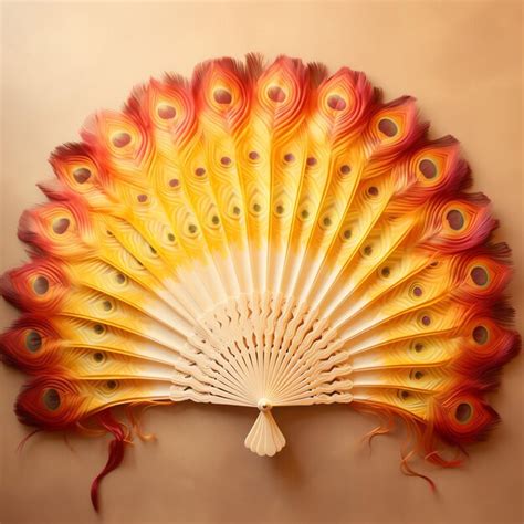 Premium Ai Image Orange Yellow Red Ombre Hand Fan Made Of Peacocks