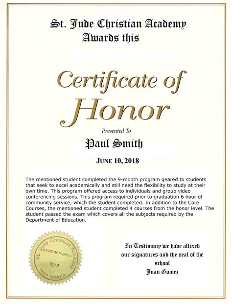 Honors Certificate Online High School Diploma St Jude Academy
