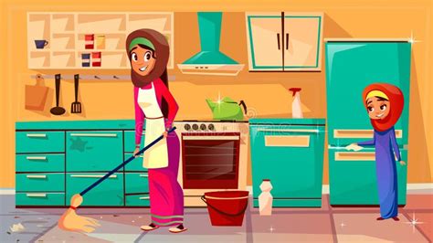 Vector Arab Mother Daughter Cleaning Together Stock Vector Illustration Of Floor Flat 118387482
