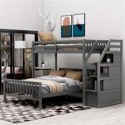 Churanty Solid Wood Twin Over Full Bunk Bed With 3 Storage Wooden Loft Bed And Platform Bed