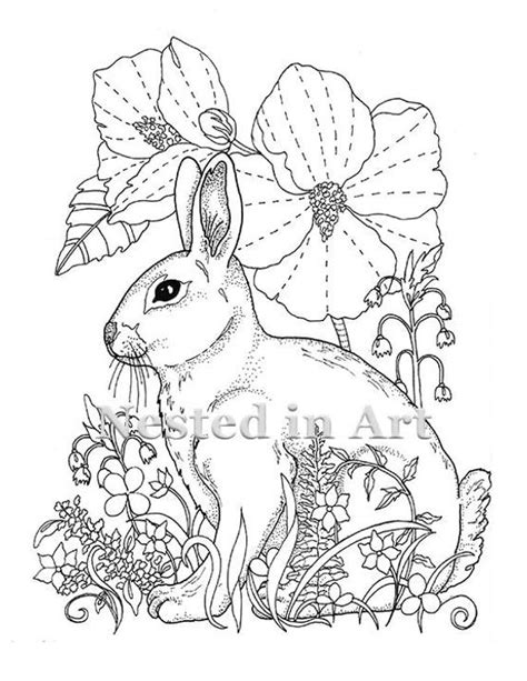 Rabbit coloring pages for kids. Adult Coloring Page Bunny and Hibiscus Digital Download