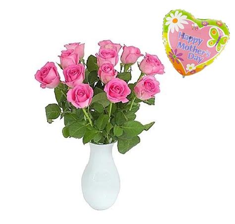 12 Pink Roses With Mothers Day Balloon Flowers Delivery 4 U