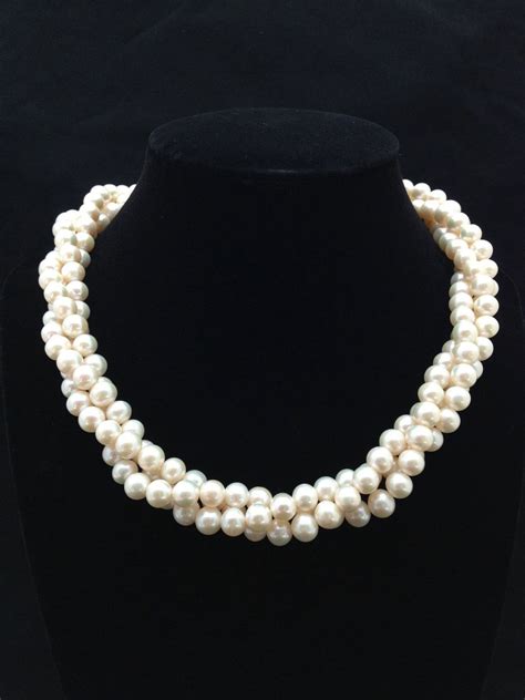 Twisted Triple Strand Pearl Necklace AA Multi Strand Genuine Pearl
