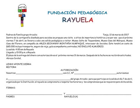 Autorización Salida Pedagógica Arcadia Fundación Pedagógica Rayuela