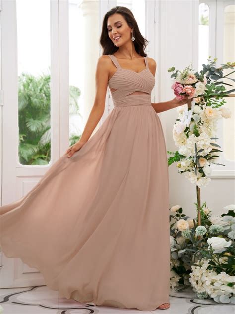 A Line Princess Chiffon Ruched Straps Sleeveless Floor Length