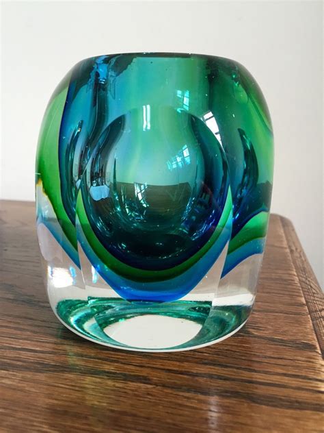 Mid Century Murano Sommerso Faceted Submerged Blue Green Art Glass Vase