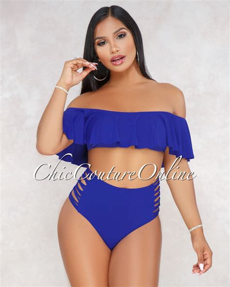 Chic Couture Online Judy Royal Blue Ruffle Top Strappy High Waist Two Piece Swimsuit