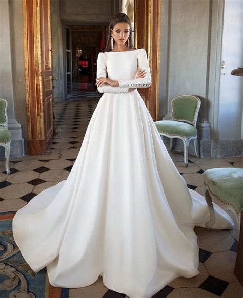 Simple Ivory Long Sleeves Satin A Line Wedding Dress Okg43 Okdresses