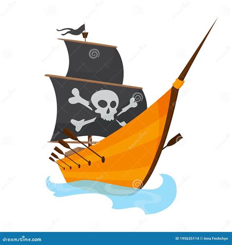 Stylized Cartoon Pirate Ship Illustration With Jolly Roger And Black