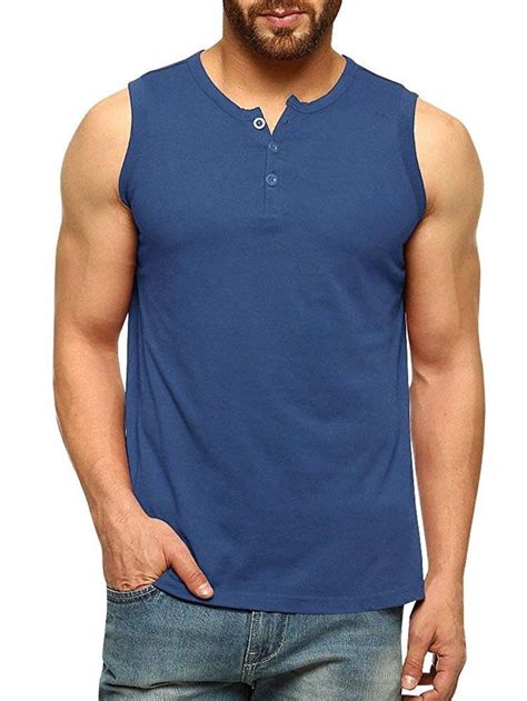 Mens Slim Fit Sleeveless Button Henley T Shirt Athletic Tank Tops