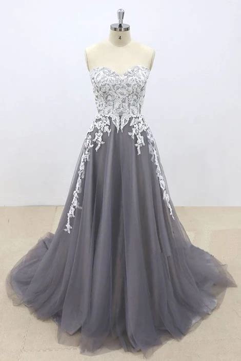 Dark Gray Tulle Ivory Lace Sweetheart Neckline A Line Pageant Prom Dre