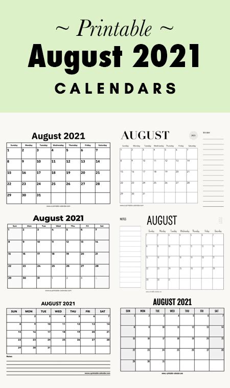 August 2021 Calendars Printable Calendar 2021