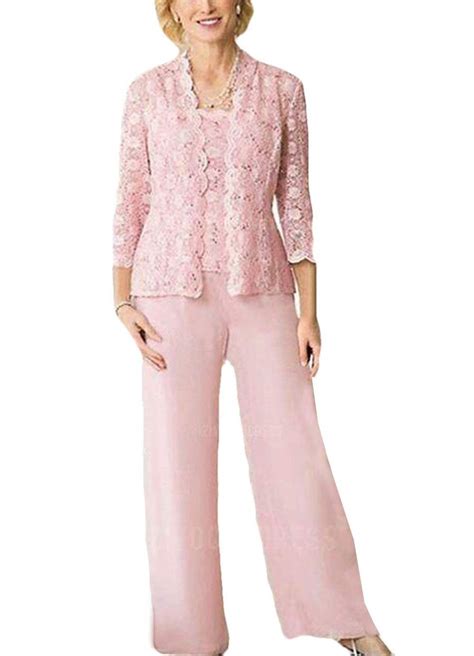 women s chiffon lace 3 pieces mother of bride dress pant suits long sleeves with jacket for