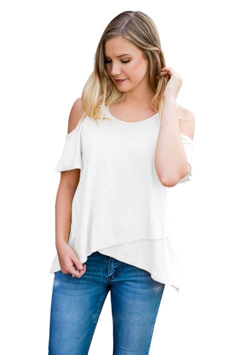 White Cold Shoulder High Low Top Tunic Tops Short Sleeve Tunic Tops Tunic Tops With Jeans Casual